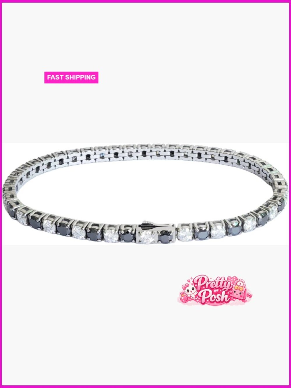 3/4mm Moissanite Tennis Bracelet Black White Stainless Steel Classic Bangle Gift
